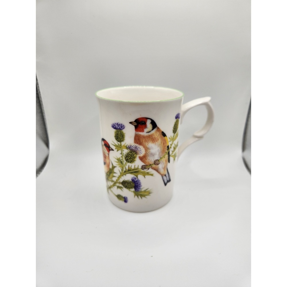Fine Bone China Goldfinch Bird and Thistle Coffee Mug Green Rim White 4in